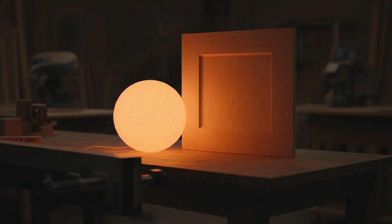 A glowing orb lighting a cabinet door sample on a workbench