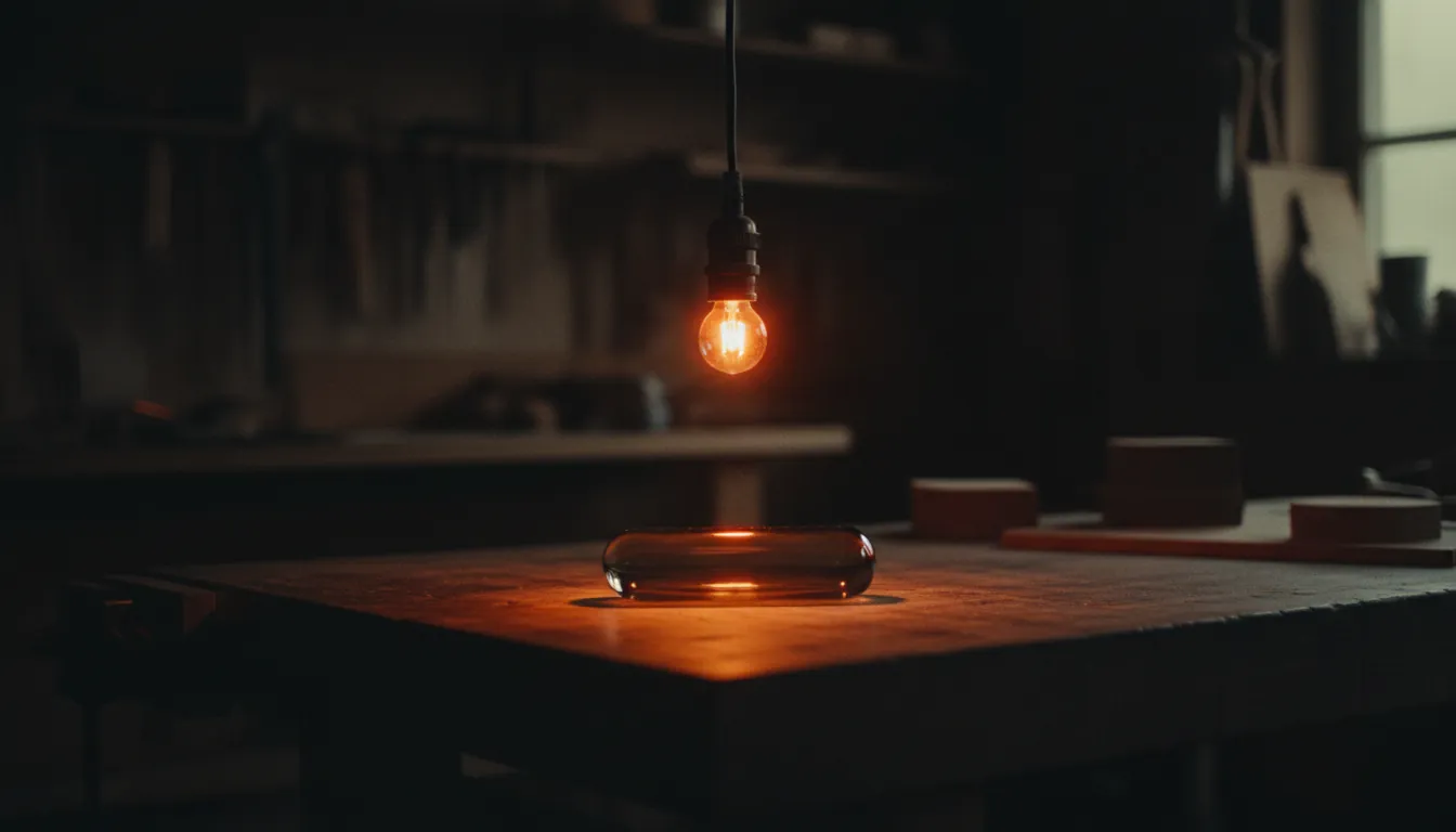 A single workshop bulb lighting one spot on a workbench