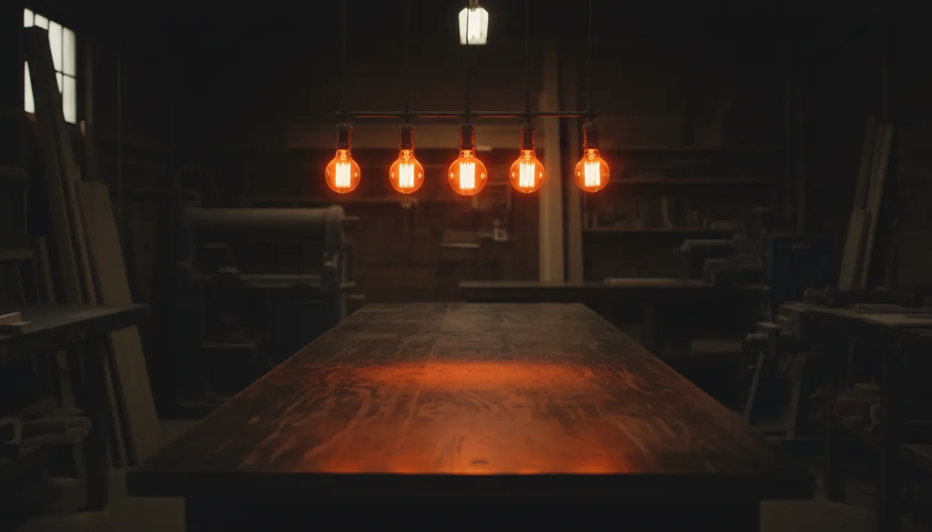 Five filament bulbs glowing in a row above a workshop table