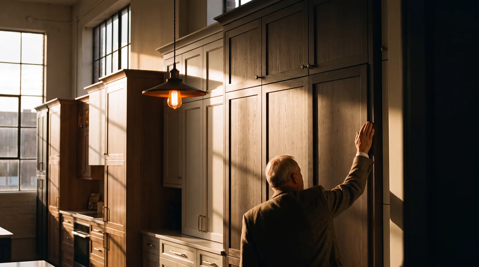 A retail cabinet store floor lined with display kitchens, the owner straightening a door sample