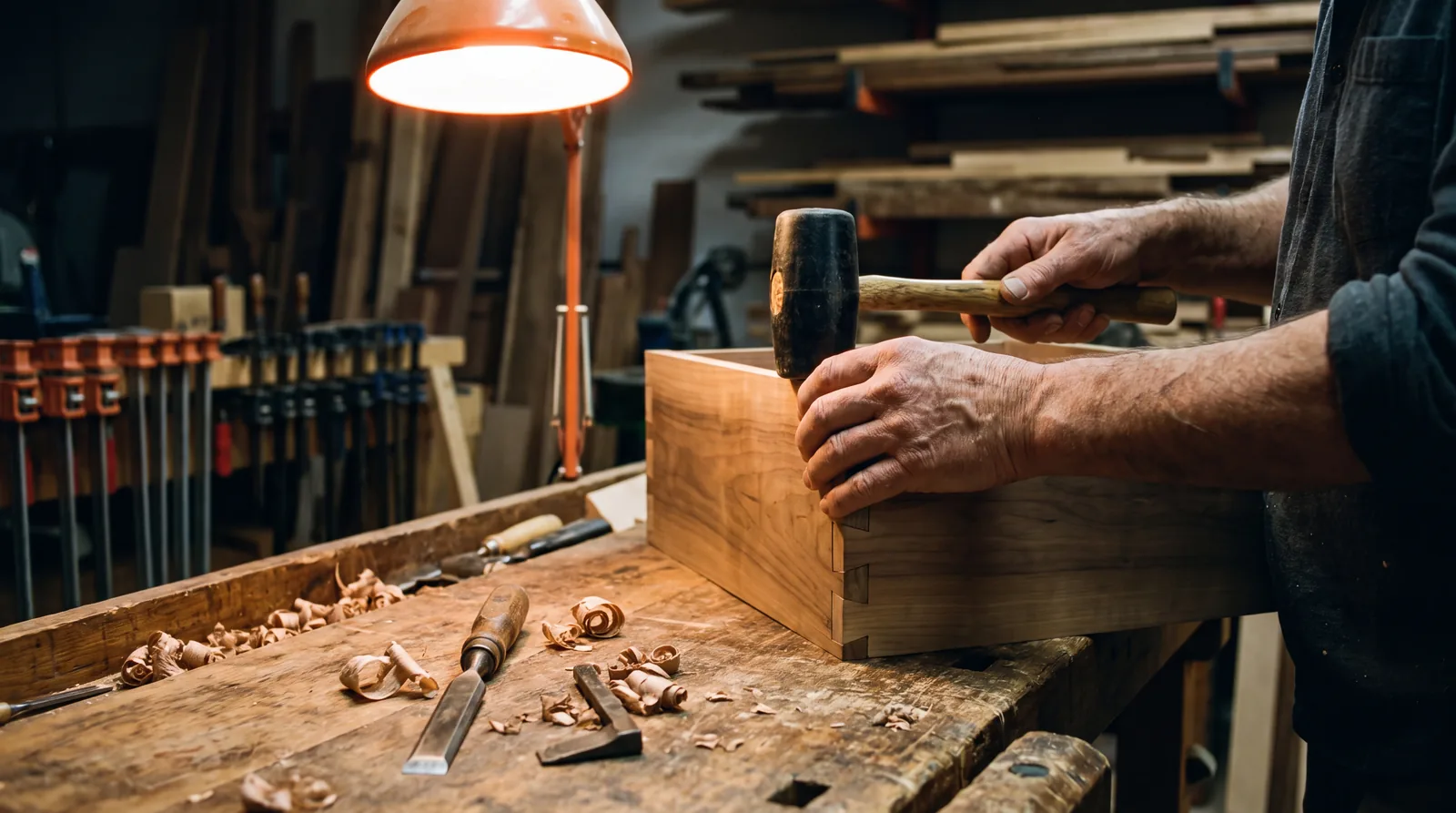 A cabinetmaker assembling a dovetail drawer at the bench under warm shop light, wood shavings on the surface
