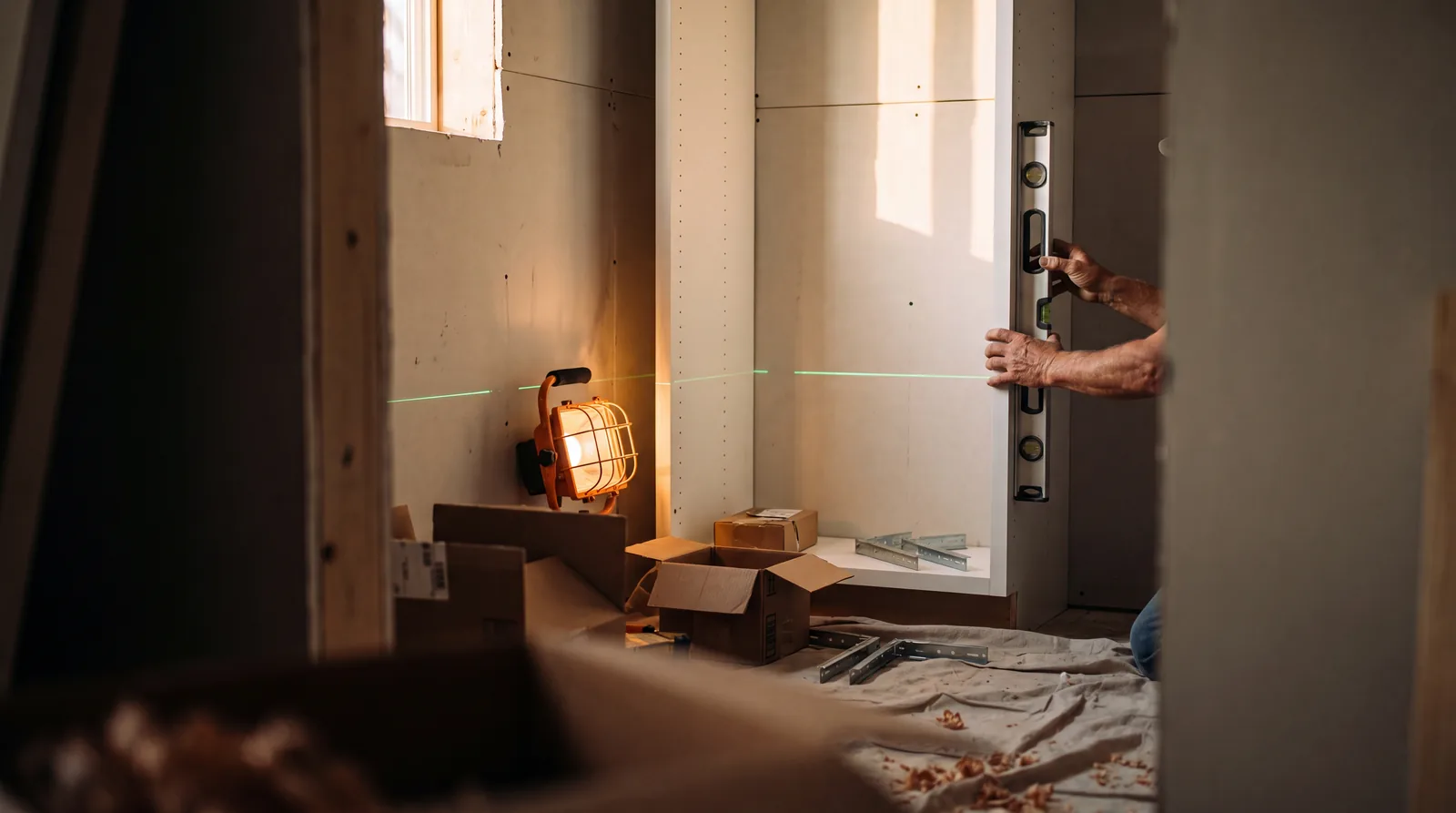 Staged scene poster: a closet installer levelling a cabinet by a warm work light. The film: Huseyin E. of Bienal Custom Closets, on camera.