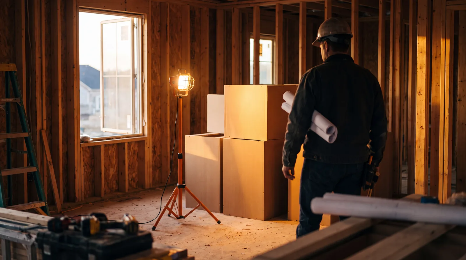 A framing-stage room with cabinet boxes staged for install, a builder holding rolled plans