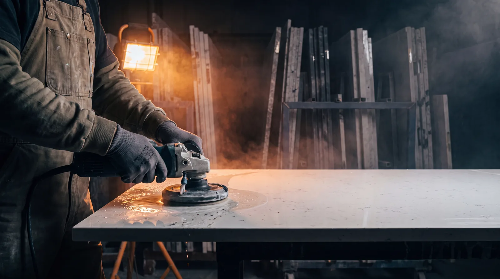 A fabricator guiding a polisher along a quartz slab edge, slab racks behind in a warm shop