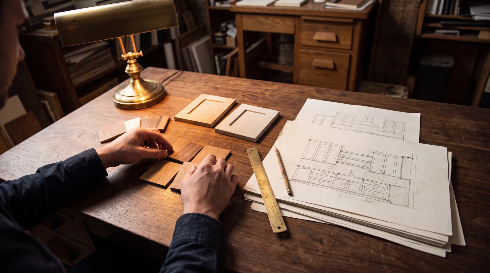 A designer desk seen from above with drawings, cabinet door samples and finish chips arranged