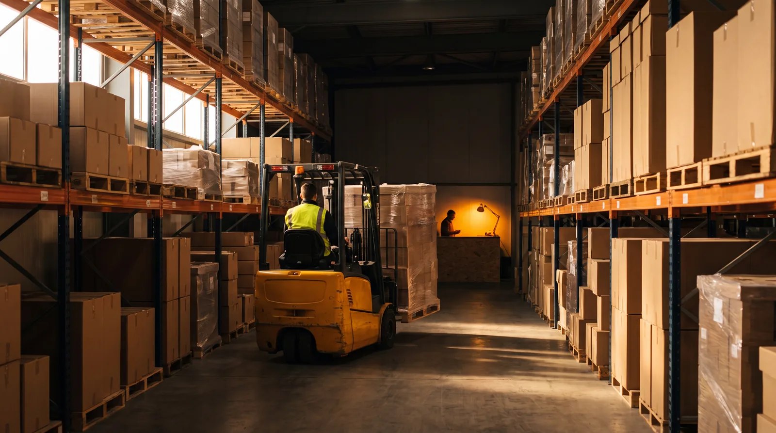 A cabinet distribution warehouse with loaded racking and a forklift, warm light over the fulfillment aisle