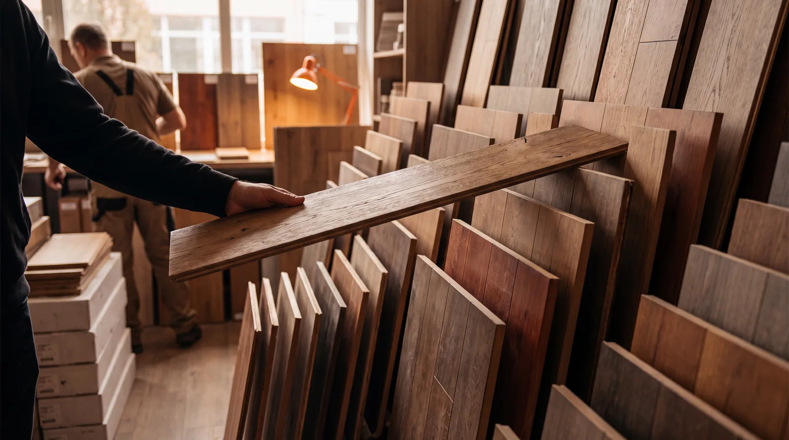 A flooring showroom wall of hardwood and LVP sample boards, a customer pulling one board out