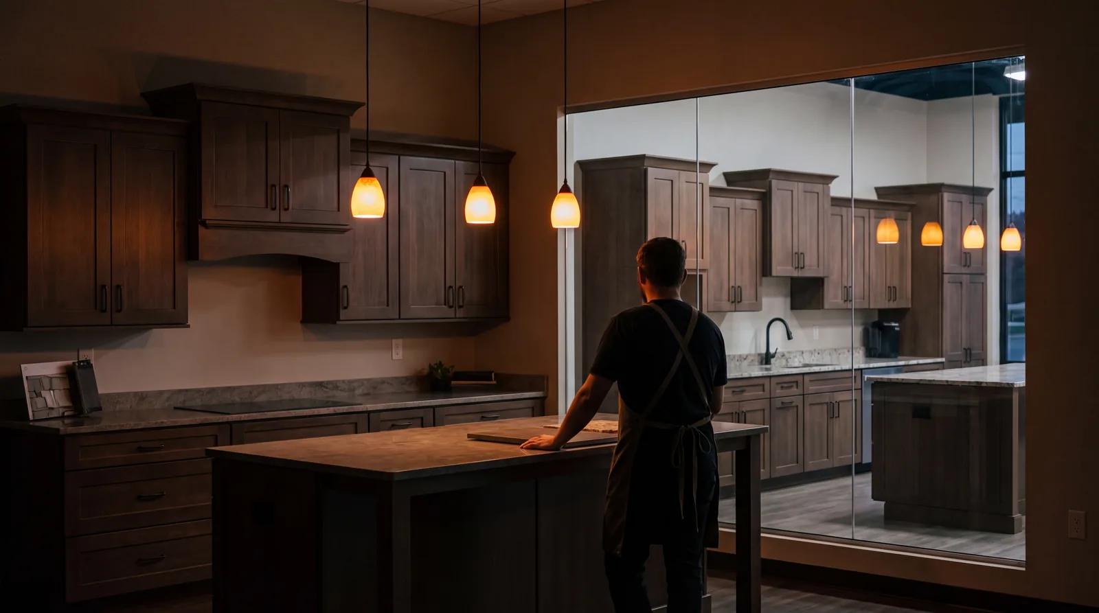 Matching kitchen and bath showroom interiors seen through a glass partition, suggesting multiple locations