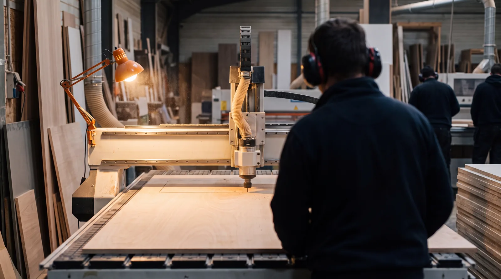 A CNC router cutting a cabinet panel on a working factory line, sawdust drifting in a warm work light