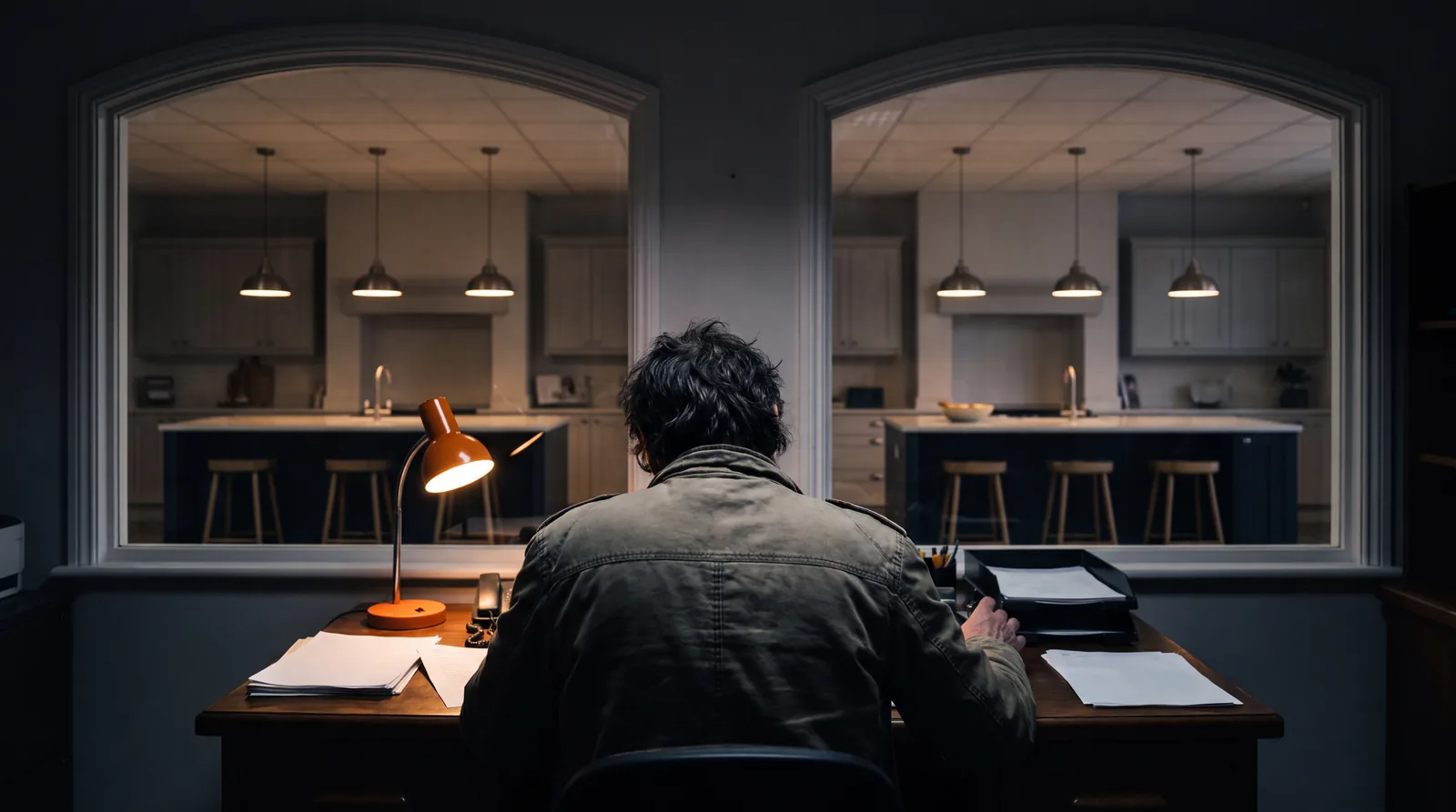 A showroom manager at a desk with two identical showroom interiors visible through the windows
