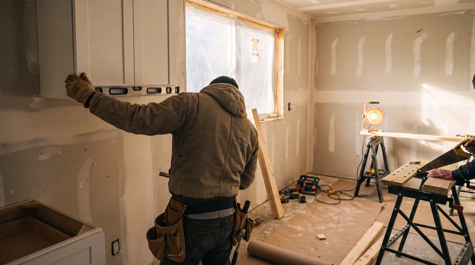 A kitchen mid-remodel with new cabinets half installed and taped walls, a contractor checking level