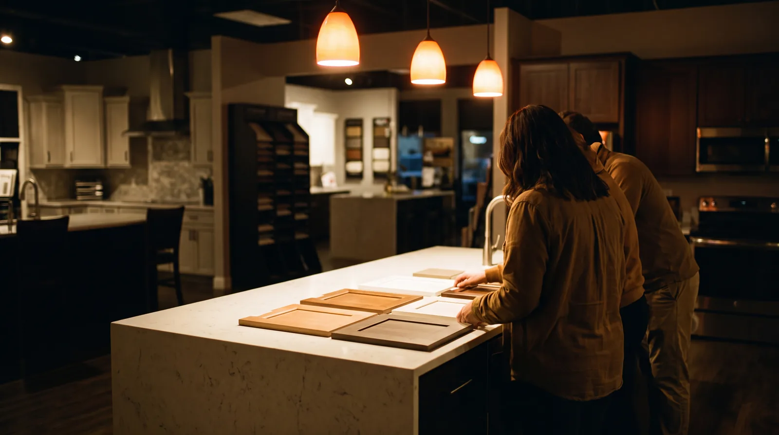 A kitchen designer showing a homeowner couple cabinet door samples at a lit showroom island