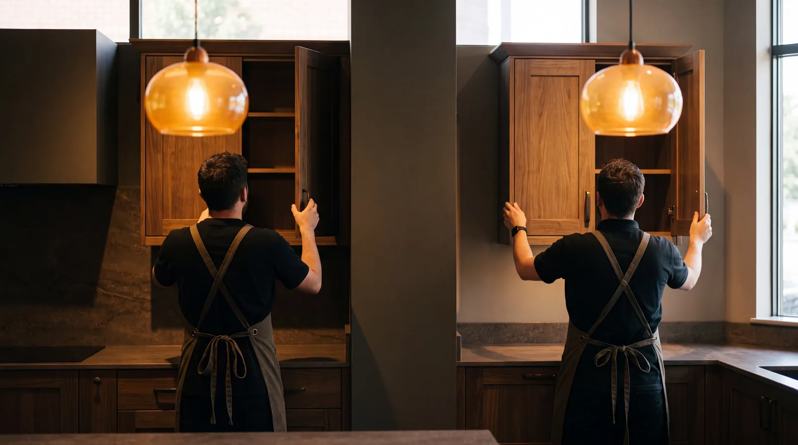 Two staff in matching aprons working in identical franchise showroom interiors
