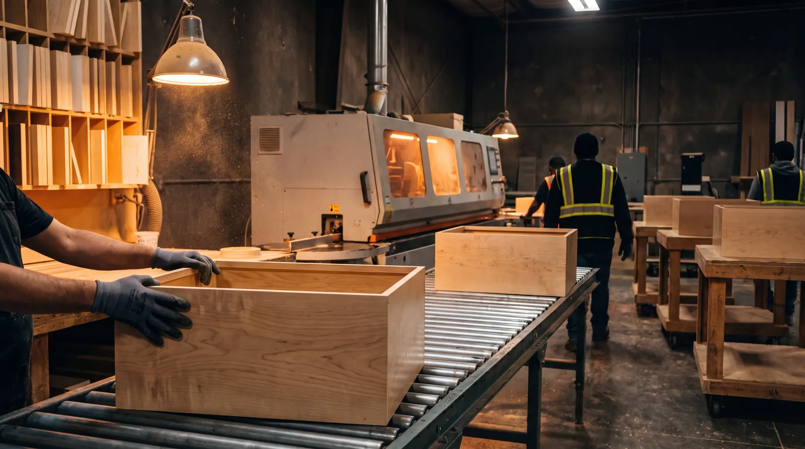 Finished cabinet boxes moving along a production line inside a working cabinet operation