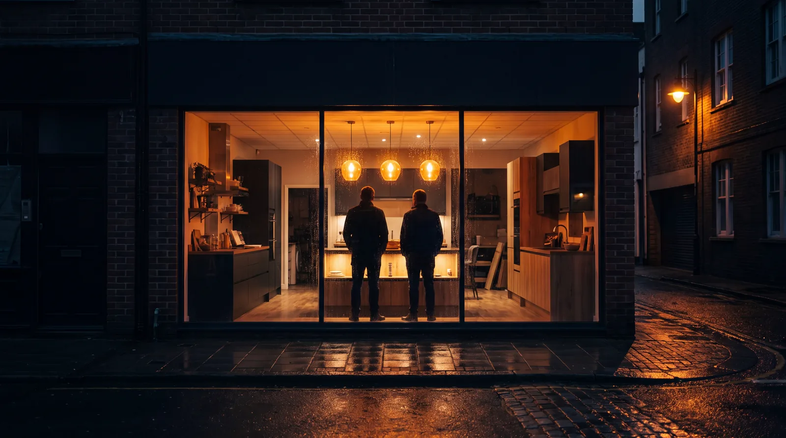 A kitchen and bath showroom glowing warm in the evening, homeowners at the island