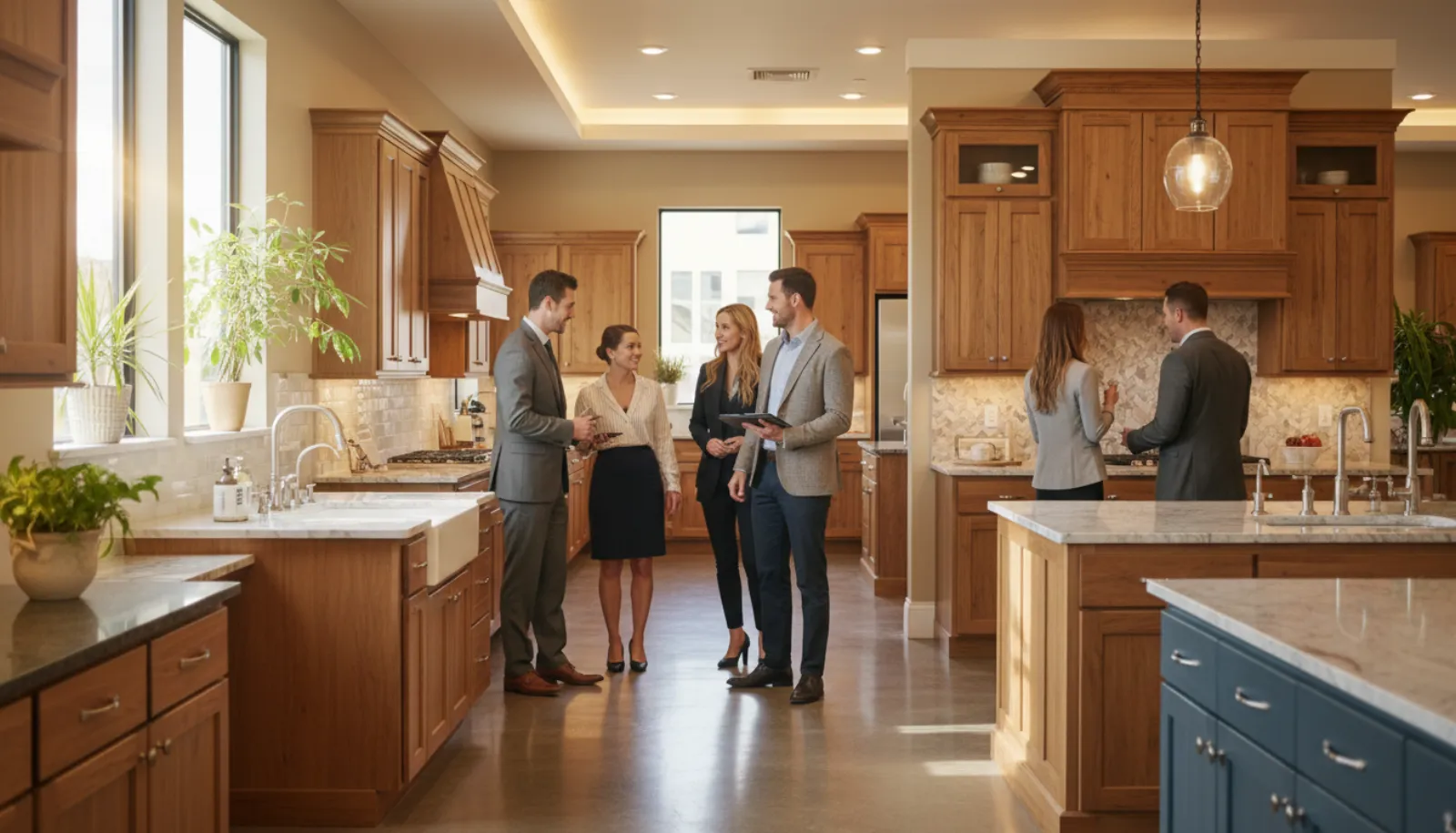 A lively kitchen and bath showroom with customers browsing cabinet displays and a designer greeting a couple