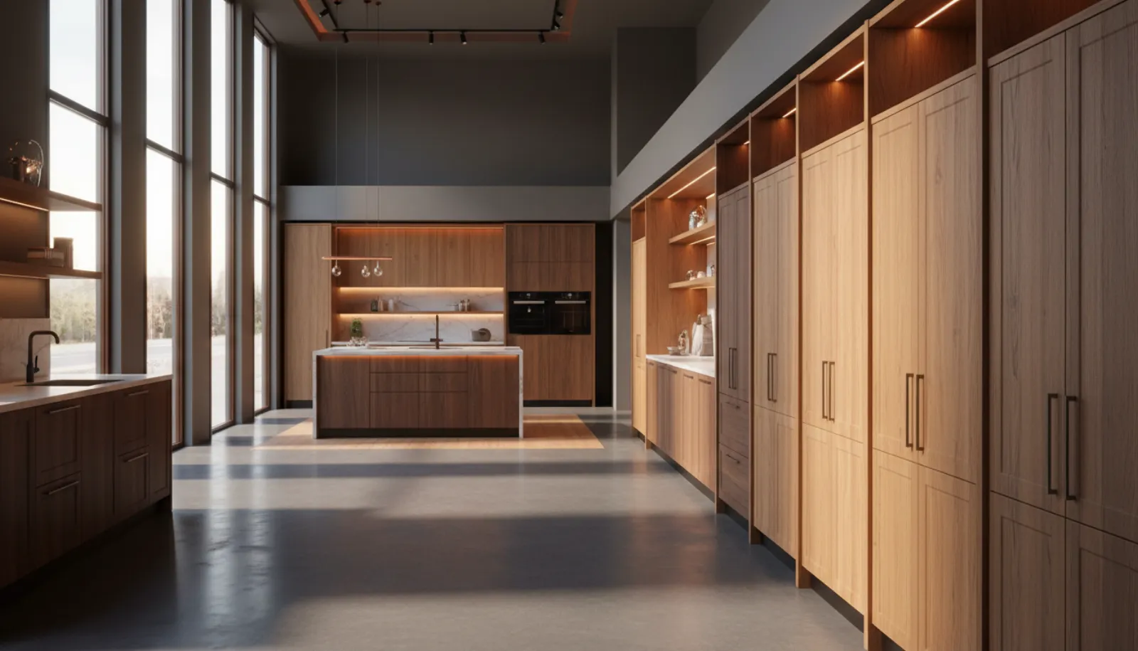 A homeowner consulting with a cabinet dealer at a kitchen showroom display