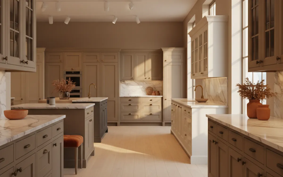 Assembled shaker cabinet displays inside a cabinet dealership