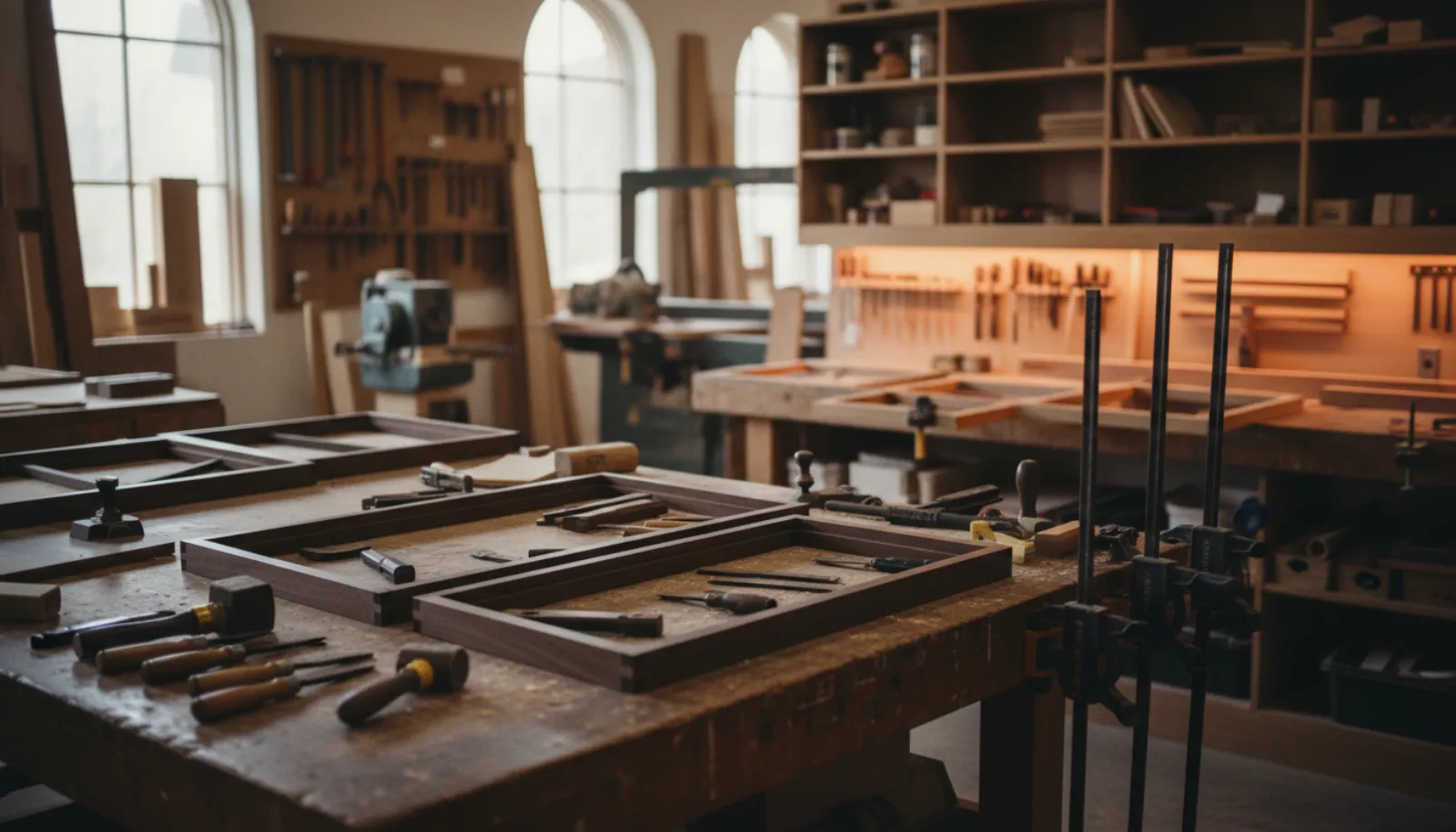 A craftsman at a custom cabinet shop finishing a walnut inset door panel