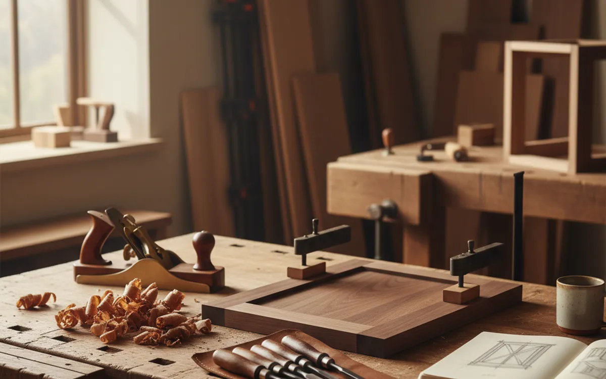 Craftsman workbench in a custom cabinet shop with a walnut door mid-assembly