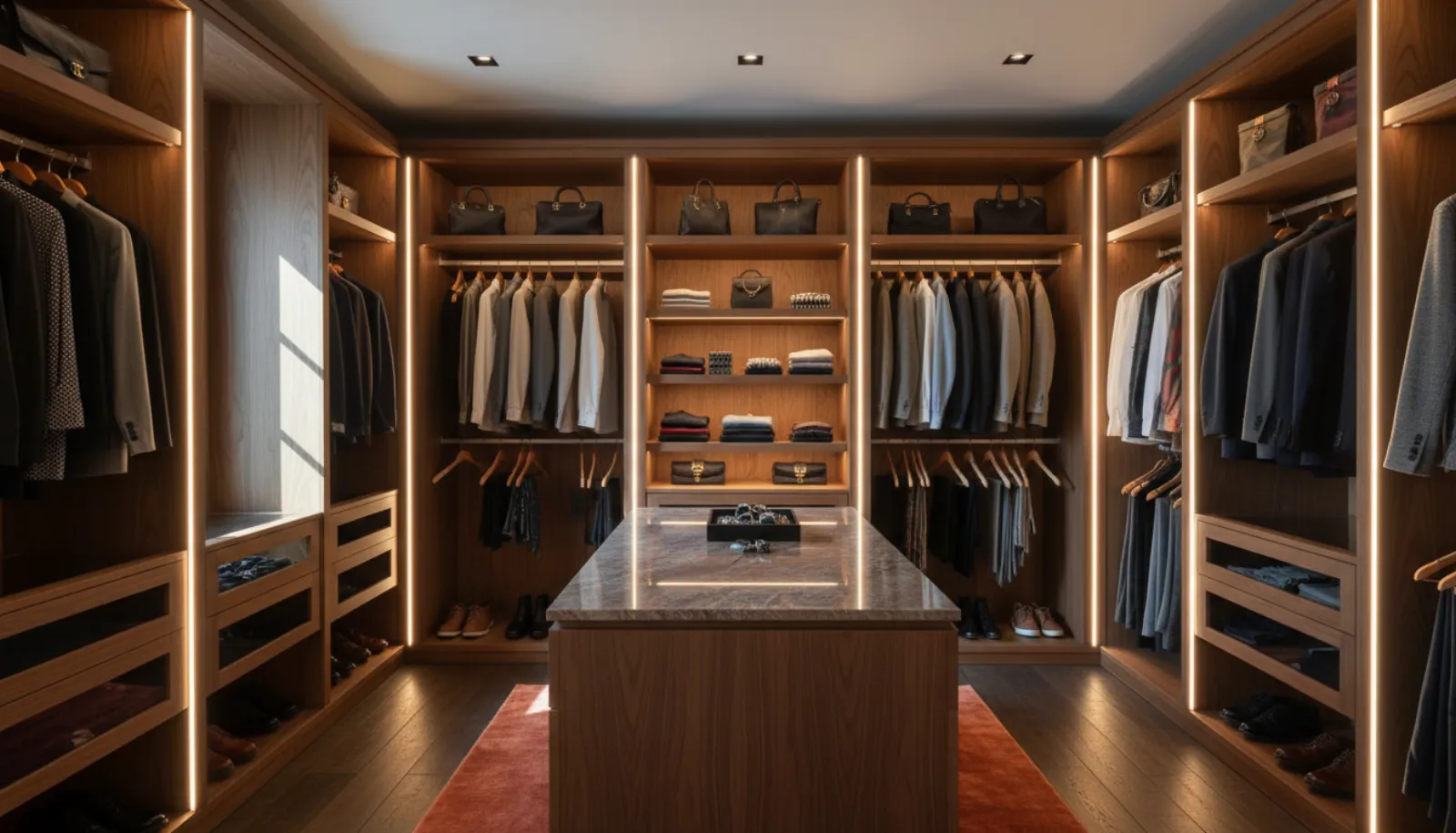 A finished custom walk-in closet with warm wood shelving and island drawer unit
