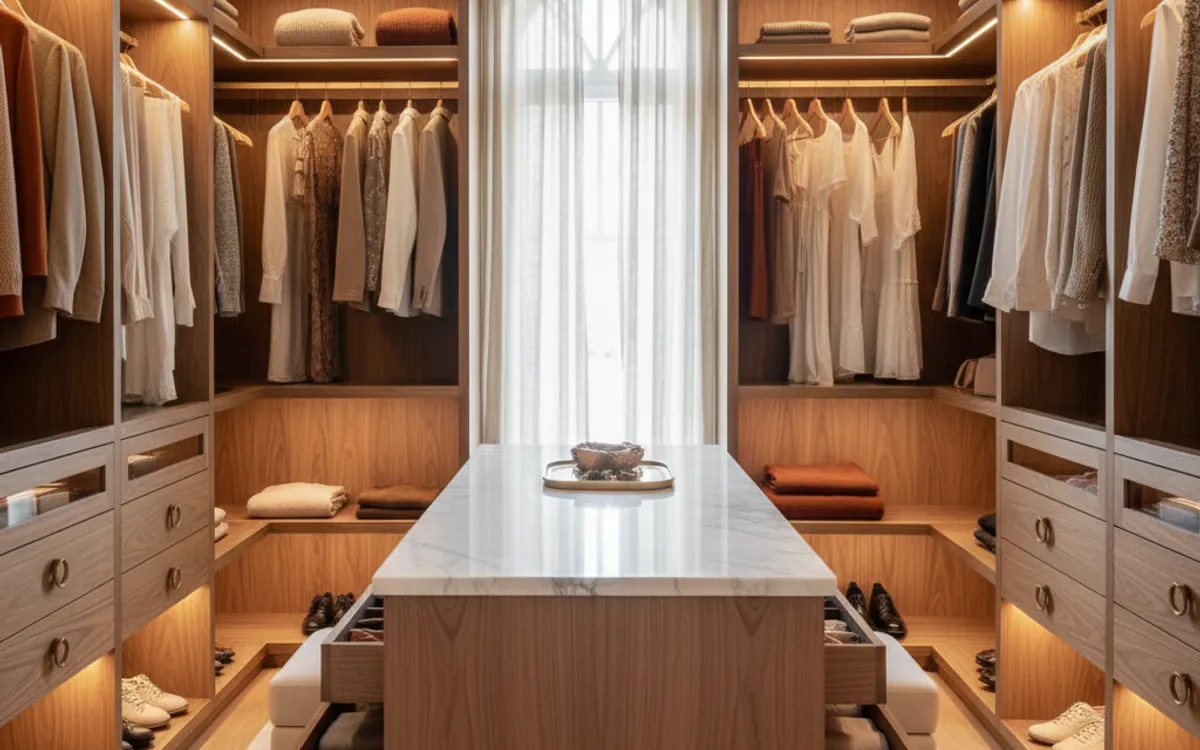 Finished custom walk-in closet with warm shelf lighting and an island