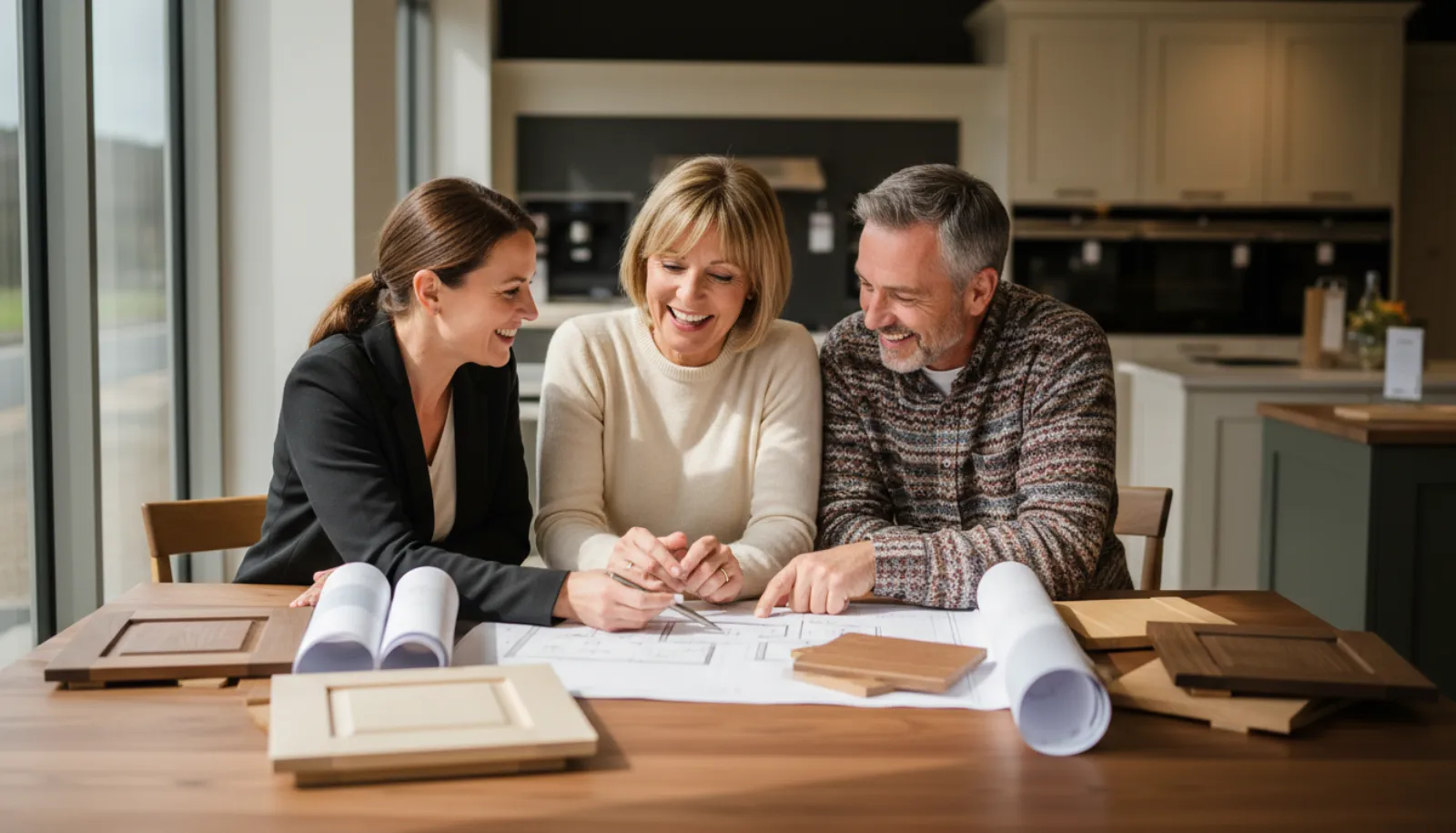A cabinet designer and a homeowner reviewing kitchen plans at a showroom table