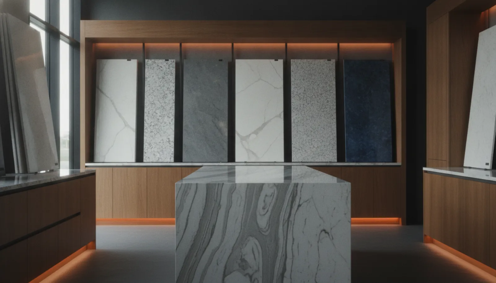 Quartz and granite slabs in a countertop showroom with a homeowner reviewing samples
