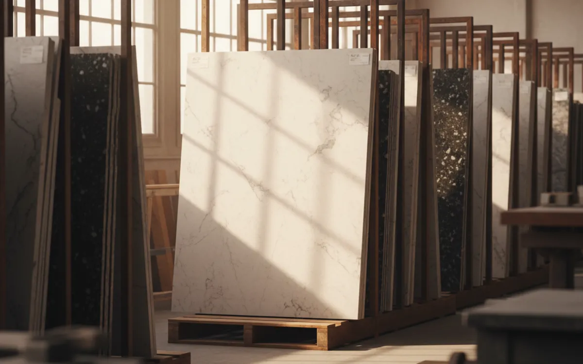 Quartz and granite slabs on A-frame racks in a stone fabrication yard