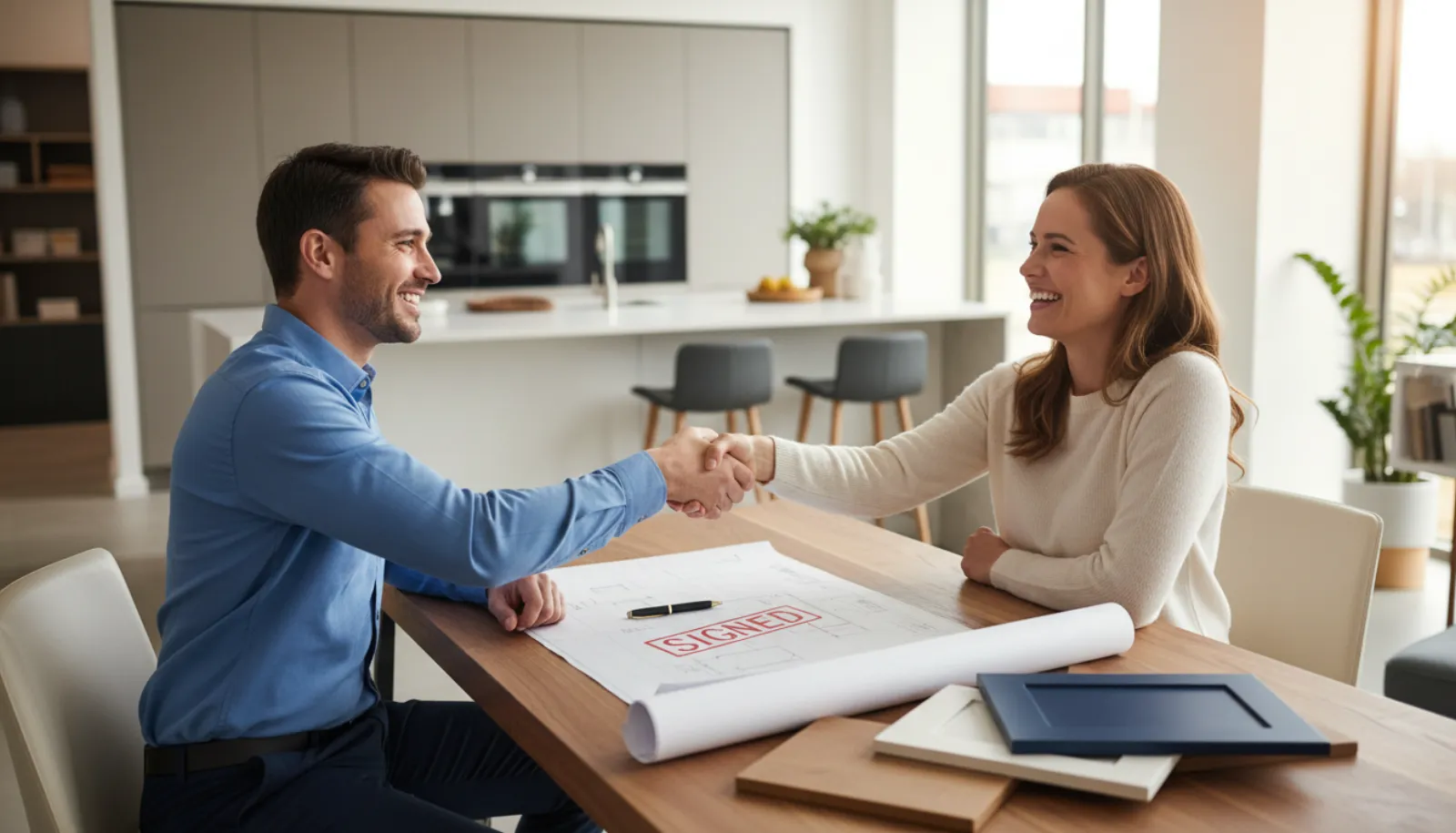 A design professional and a client shaking hands over signed project drawings and cabinet finish samples