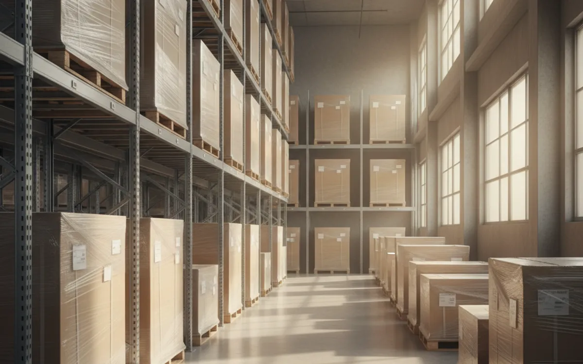 Cabinet distribution warehouse aisle with flat-pack boxes on pallet racking