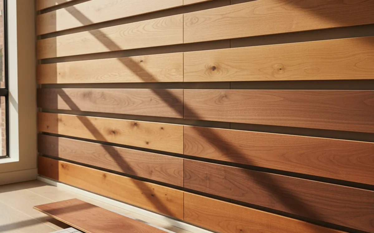 Flooring store sample wall with hardwood and vinyl plank swatches