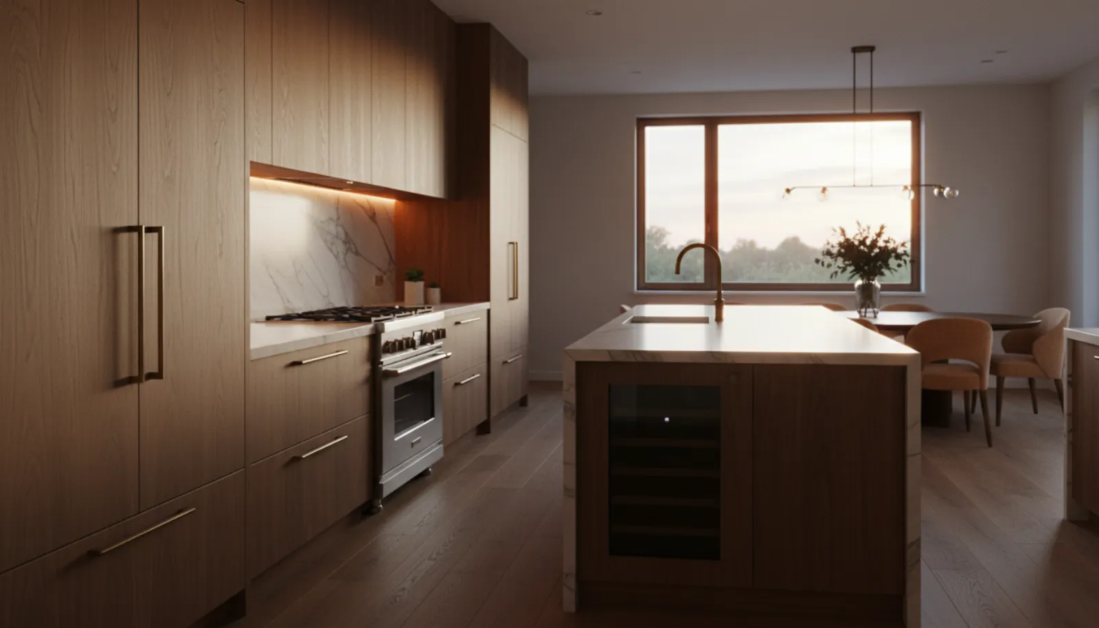 A finished kitchen with full-height wood cabinetry, a marble backsplash and an island with a wine fridge