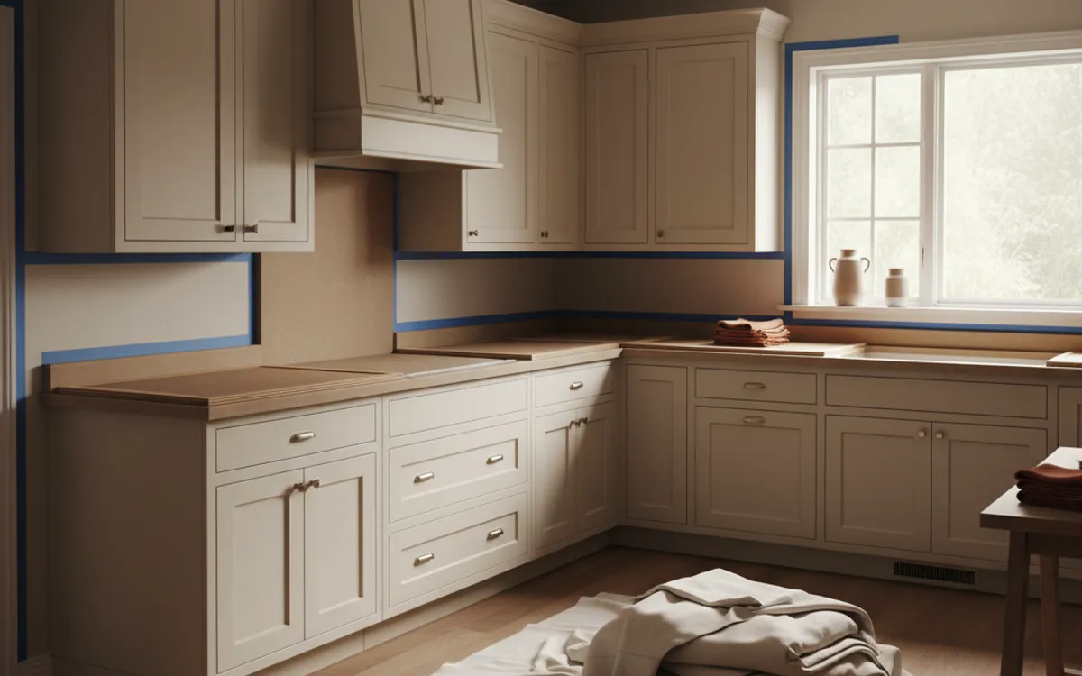 A kitchen mid-remodel with new shaker cabinets installed, painter’s tape on the walls and counters under protective board