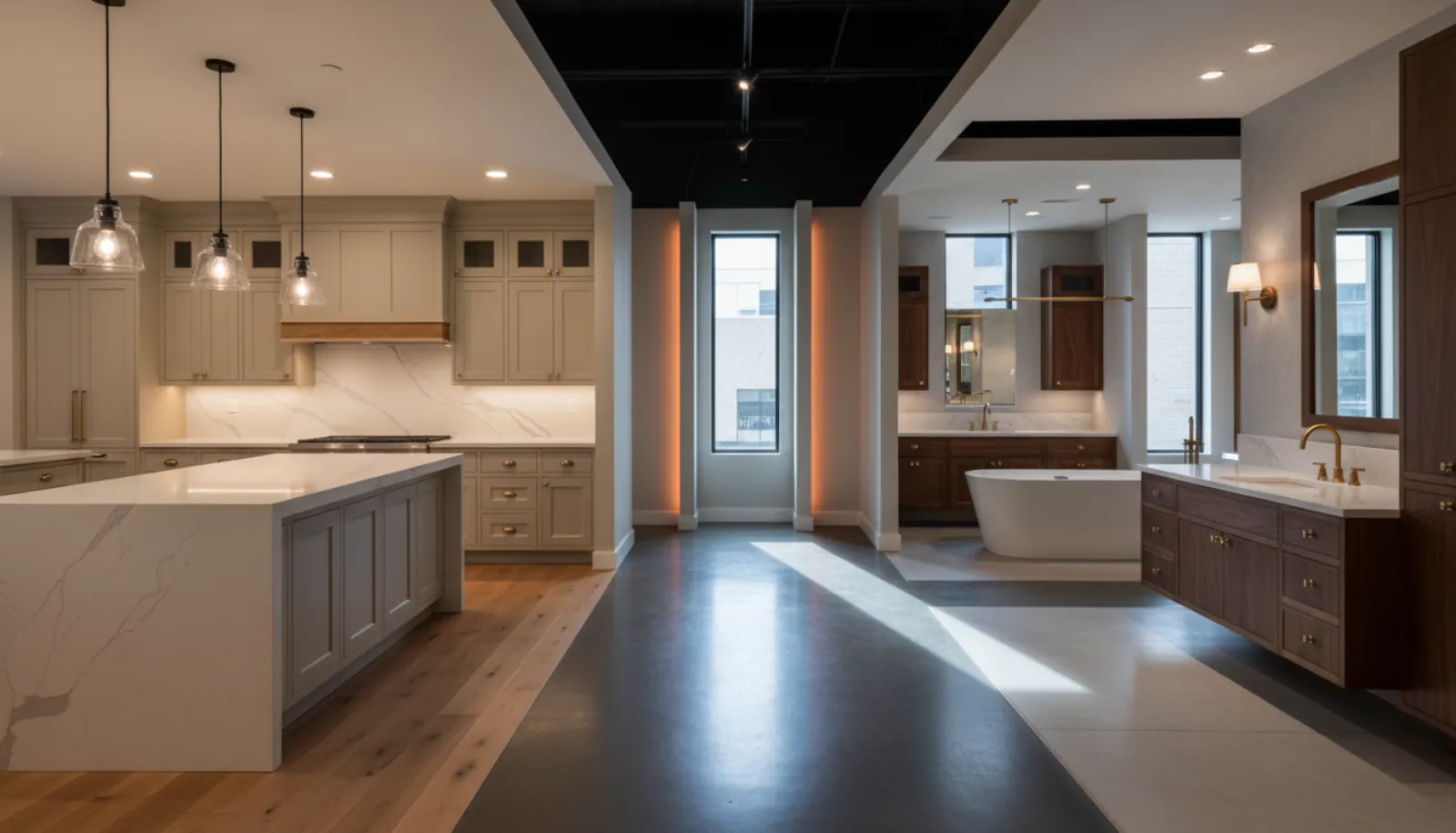 A premium kitchen and bath showroom floor with lit cabinet vignettes and a quartz waterfall island